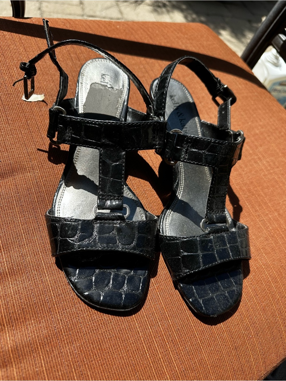 Kelly & Katie Black Croc-Embossed T-Strap Sandals with Ankle Strap